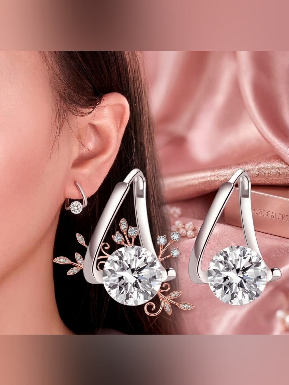 925 Elegant Silver Crystal Floral Hoop Earrings